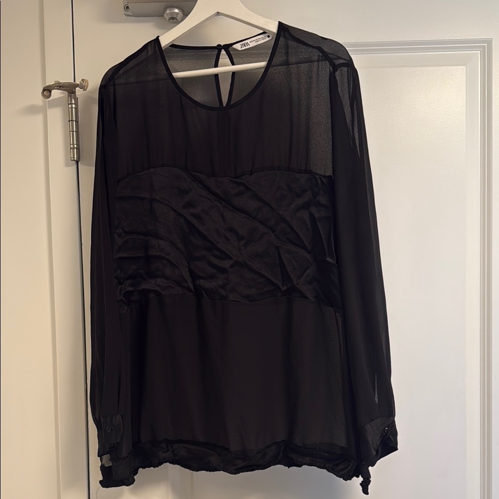 Zara Black Ruffled Sheer Long Sleeve Blouse